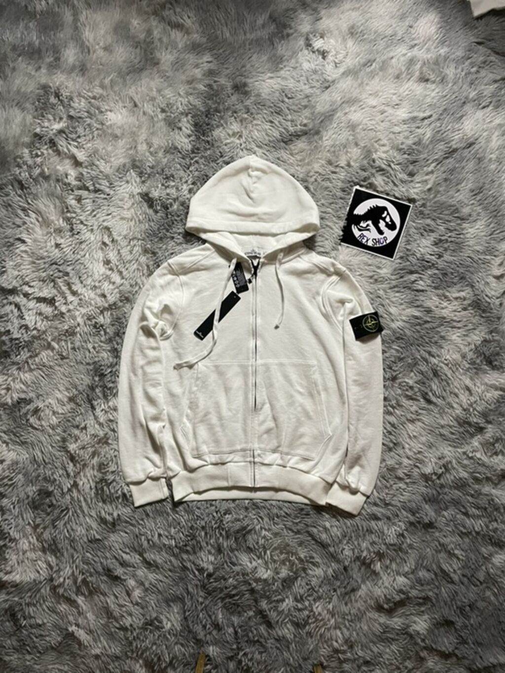 Худи на молнии Stone Island, белое - Классический крой с капюшоном на: фото 2