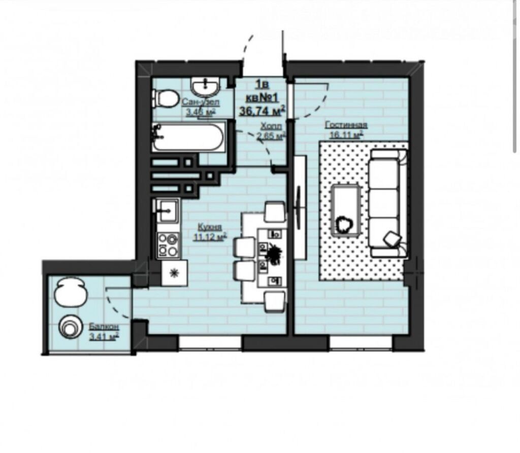 1 комната, 37 м², АУЦА Элитка, 3 этаж, ПСО (под самоотделку): фото 6