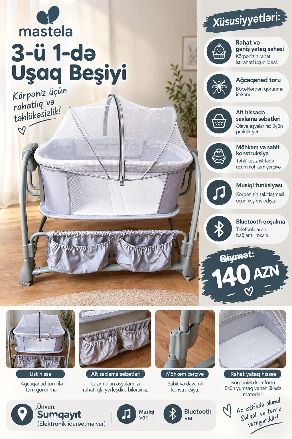 Mastela 3-ü 1-də Uşaq Beşiyi - Rahat və geniş yataq sahəsi: körpənin