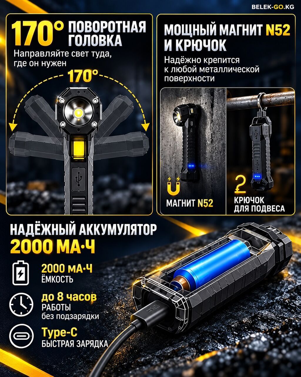 Яркий боковой COB-фонарь HEIYU обеспечивает широкое равномерное: фото 4