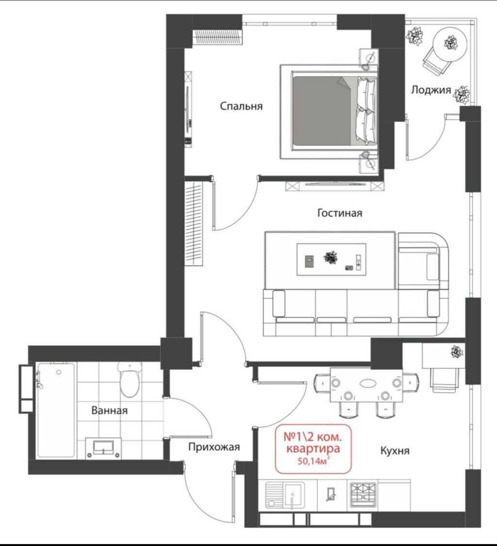 2 комнаты, 50 м², парк Фучика Элитка, 7 этаж, Готовая ПСО (под самоотделку): фото 4
