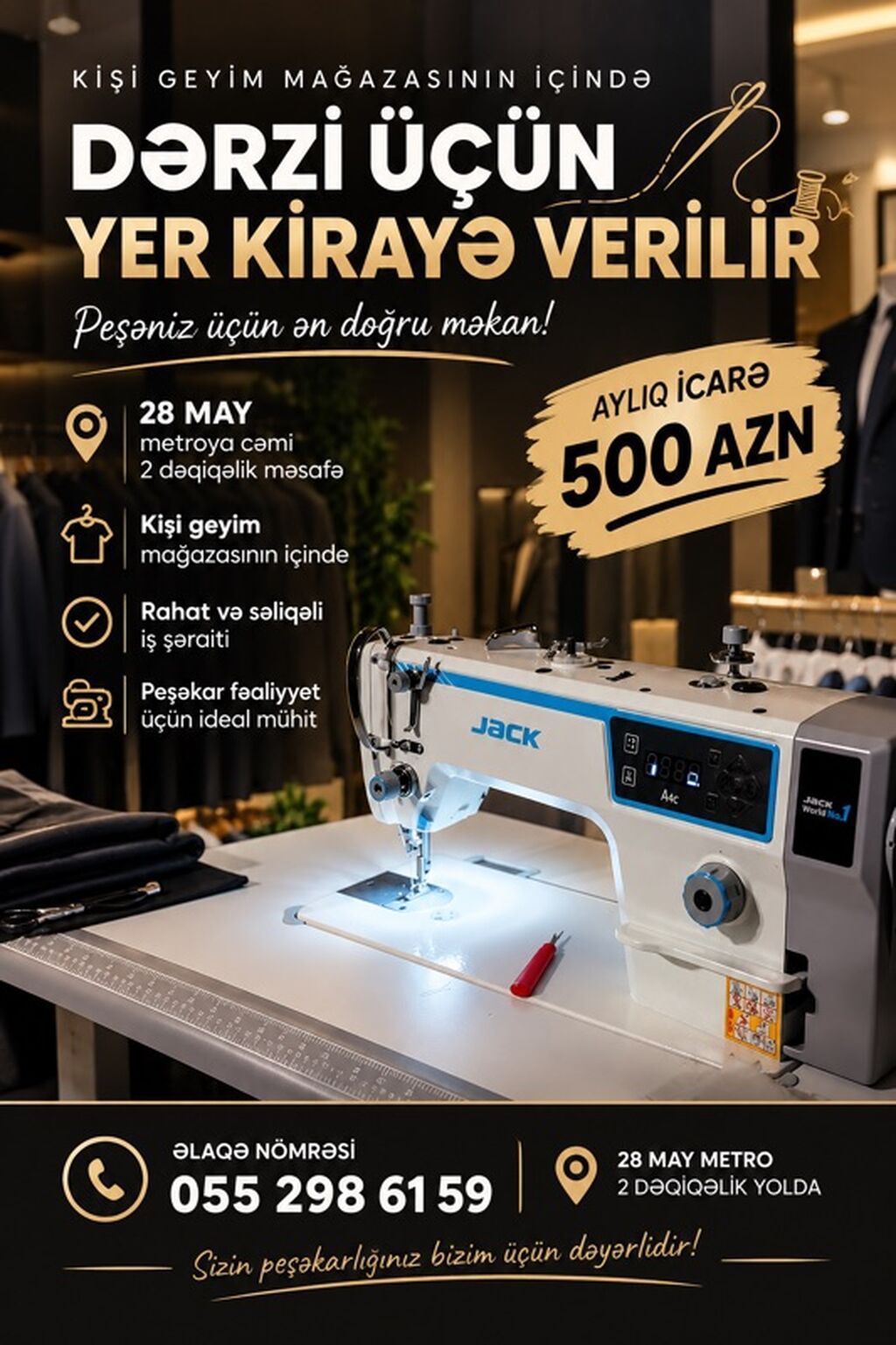 Dərzi üçün yer kirayə verilir – kişi geyim mağazasının içində. -