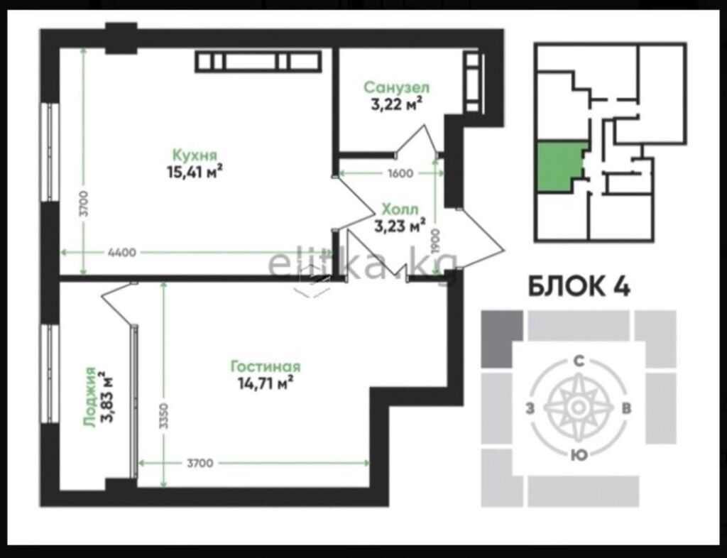 1 комната, 41 м², Тунгуч мкр Элитка, 11 этаж, ПСО (под самоотделку): фото 3