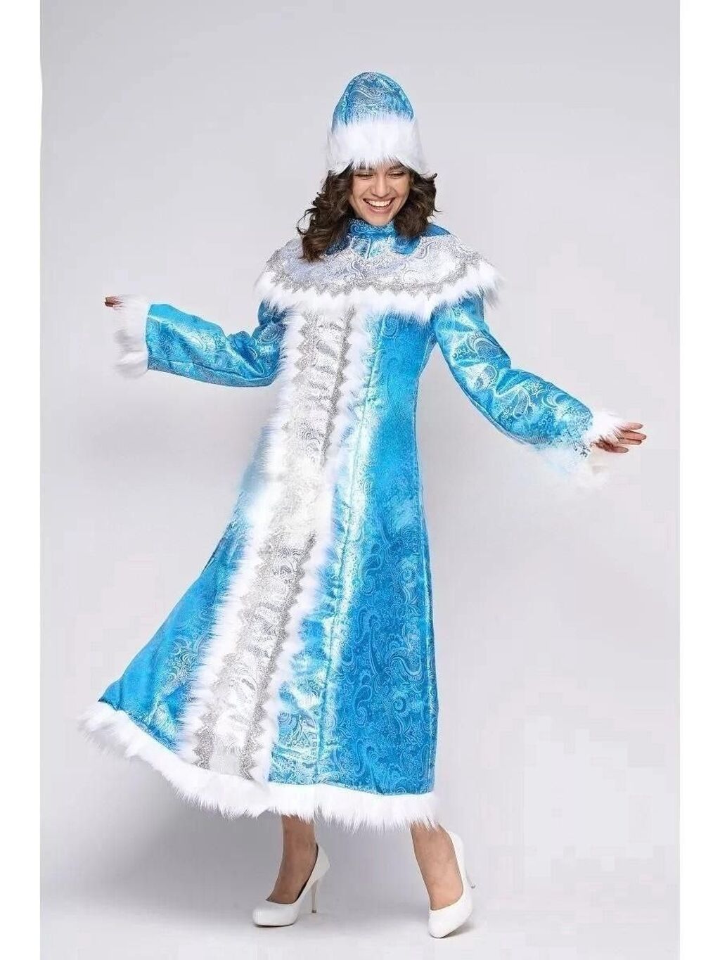 Взрослый новогодний костюм Снегурочка Боярская, 44-48 размер, голубой