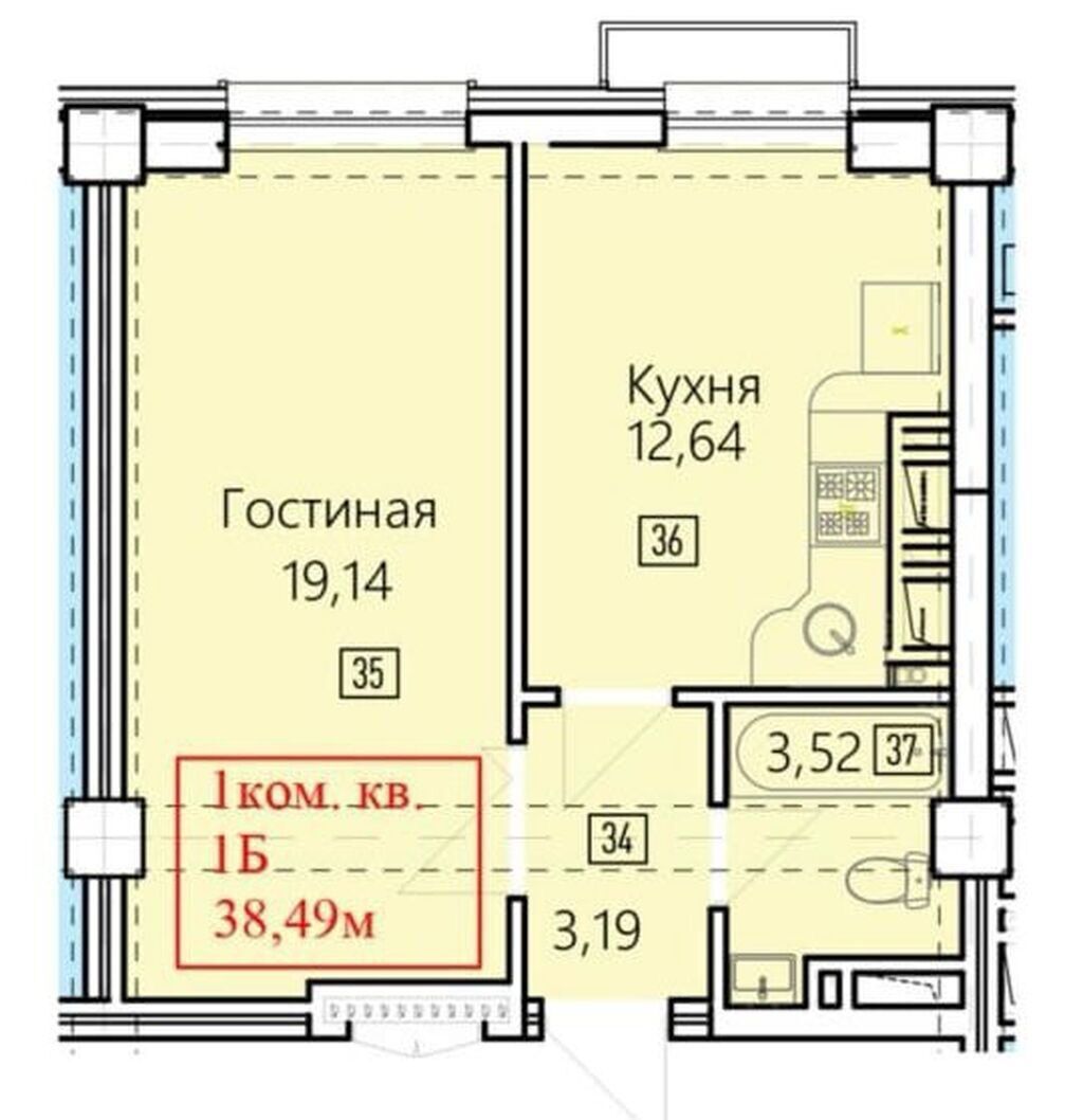 1 комната, 39 м², Асанбай мкр Элитка, 3 этаж, ПСО (под самоотделку): фото 2