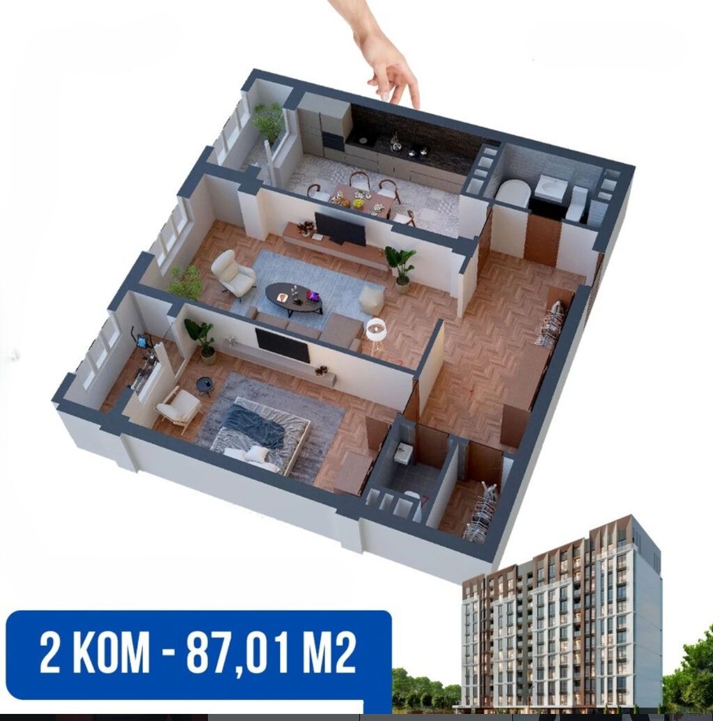 2 комнаты, 87 м², Верхний Джал Элитка, 2 этаж, ПСО (под самоотделку): фото 1
