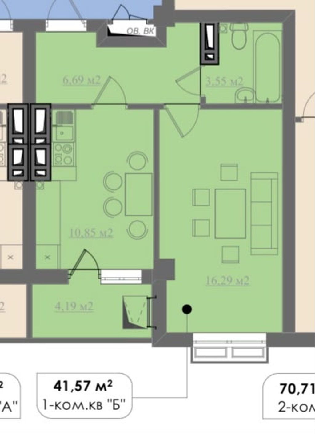 1 комната, 42 м², Элитка, 6 этаж, ПСО (под самоотделку) — фото 3