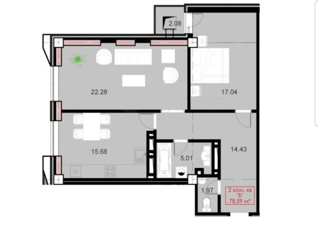2 комнаты, 80 м², Вефа ТЦ Элитка, 16 этаж, ПСО (под самоотделку): фото 2