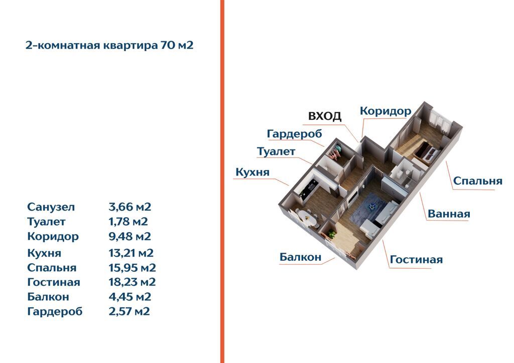 2 комнаты, 71 м², 8 этаж: фото 3