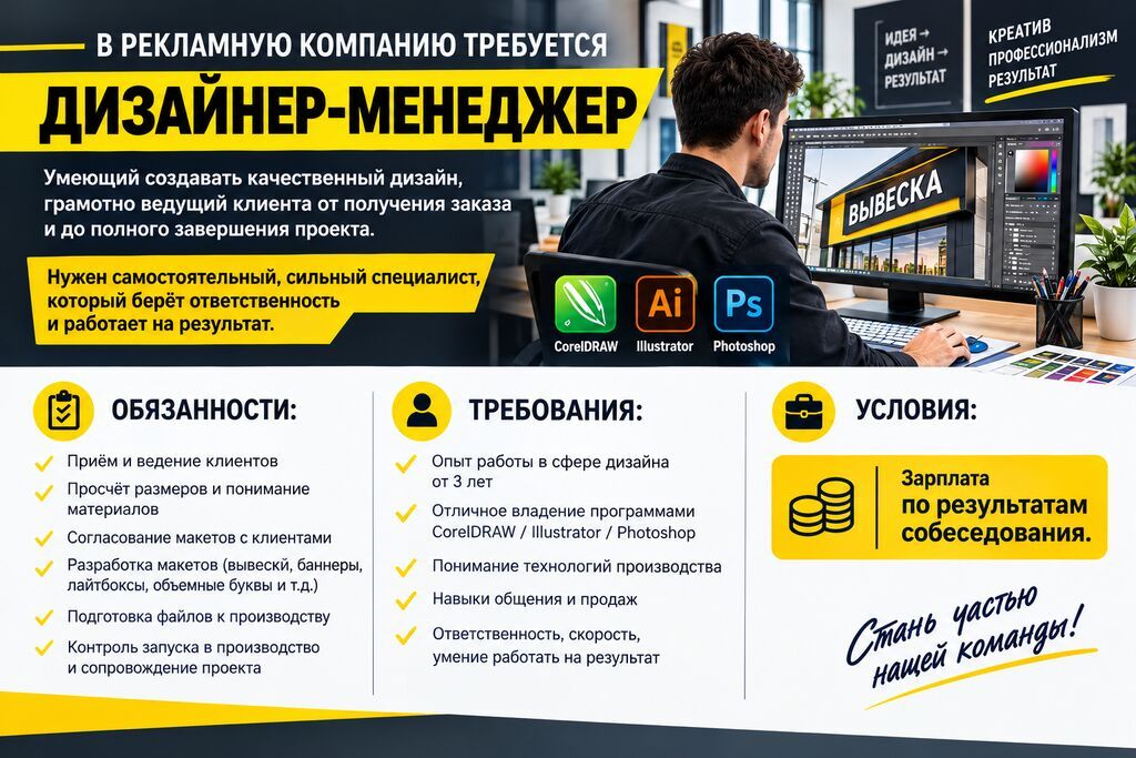 Требуется дизайнер-менеджер по наружной рекламе