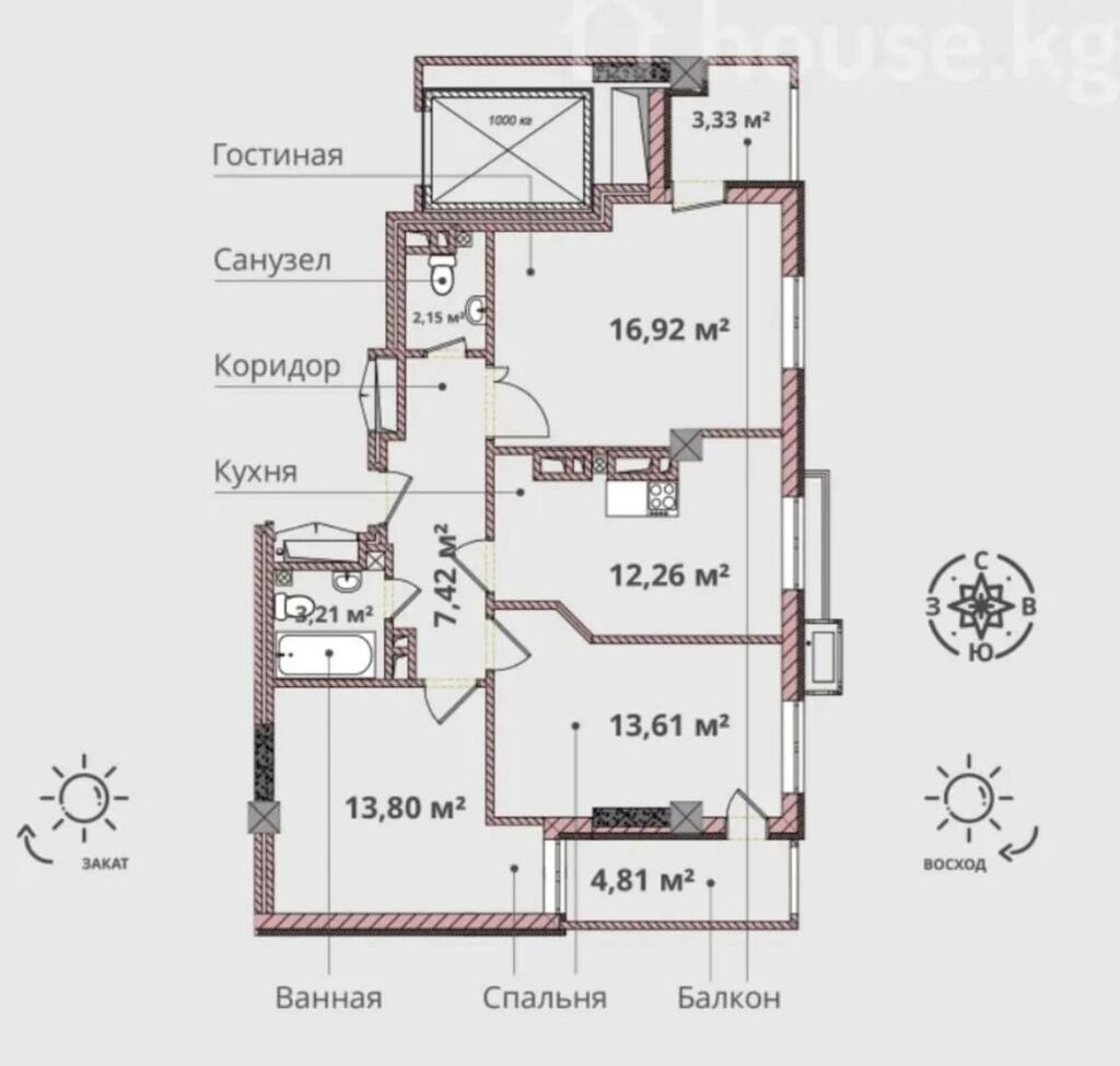 3 комнаты, 75 м², ПСО (под самоотделку): фото 1