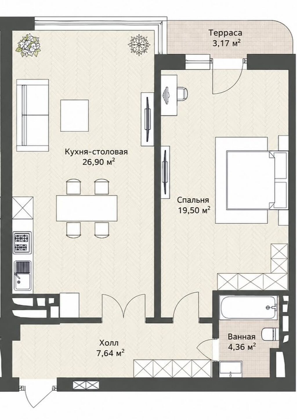 1 комната, 61 м², Орто-Сай с. Элитка, 9 этаж, ПСО (под самоотделку): фото 3