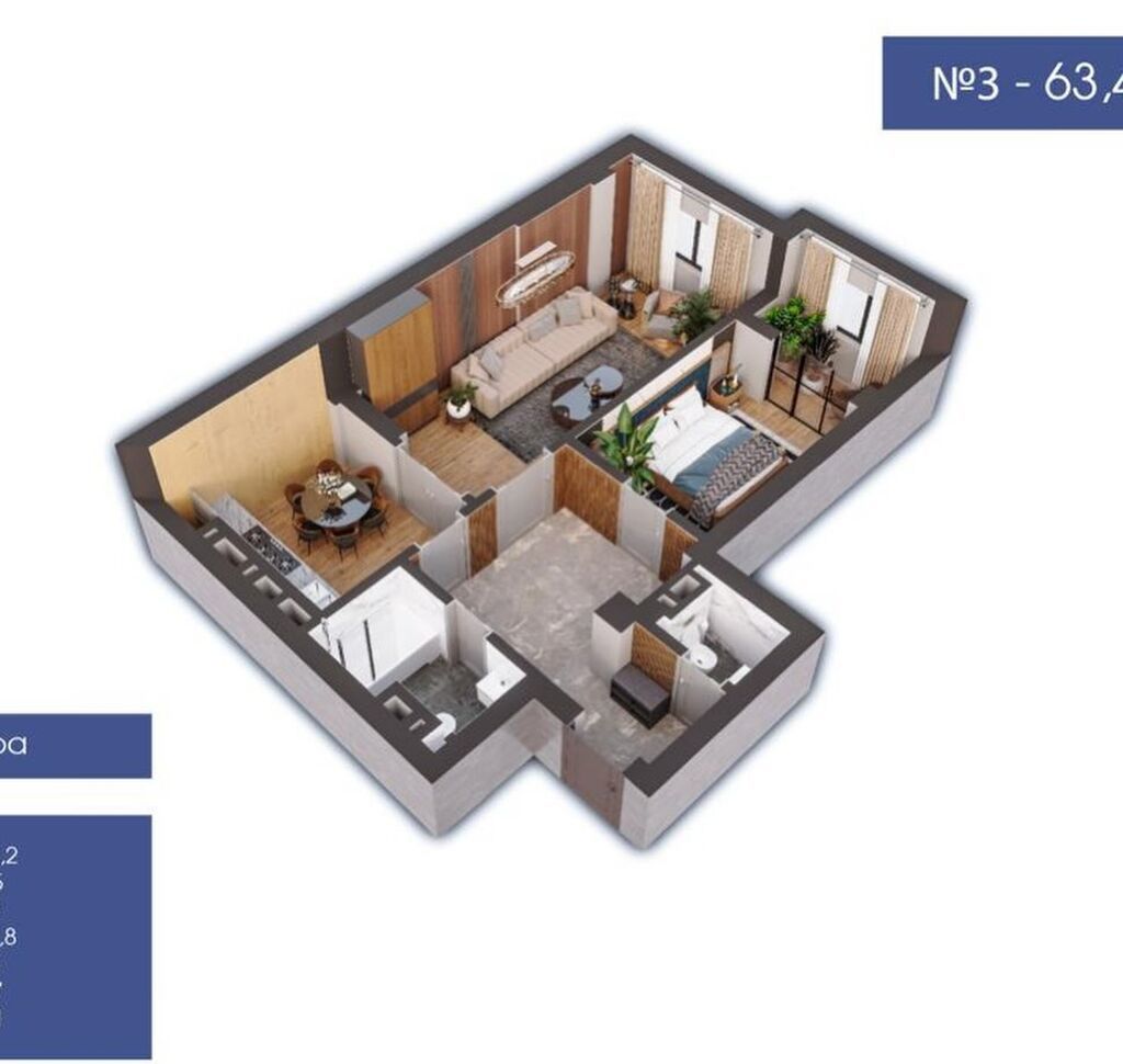 2 комнаты, 63 м², Джал-15 Элитка, 12 этаж, ПСО (под самоотделку): фото 2