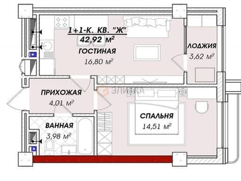1 комната, 44 м², Азия Молл Элитка, 12 этаж: фото 7