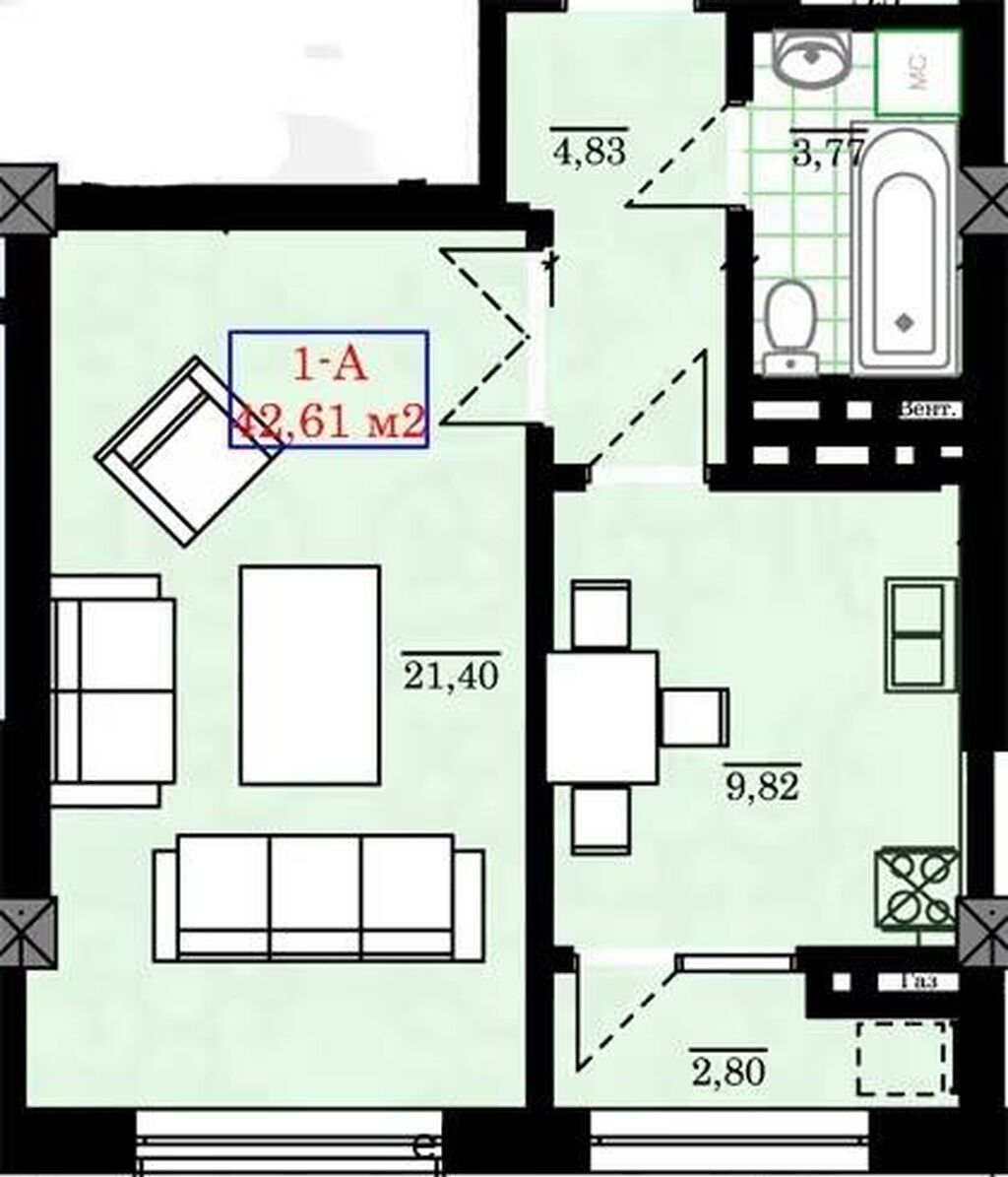 1 комната, 42 м², Джал мкр (в т.ч. Верхний, Нижний, Средний) Элитка, 10 этаж, ПСО (под самоотделку): фото 2