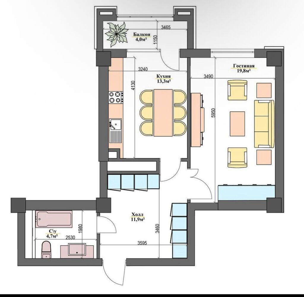 1 комната, 53 м², Элитка, 3 этаж, ПСО (под самоотделку)