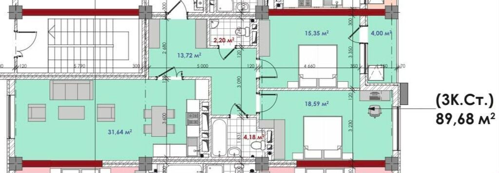 3 комнаты, 89 м², Асанбай мкр Элитка, 6 этаж, ПСО (под самоотделку): фото 2