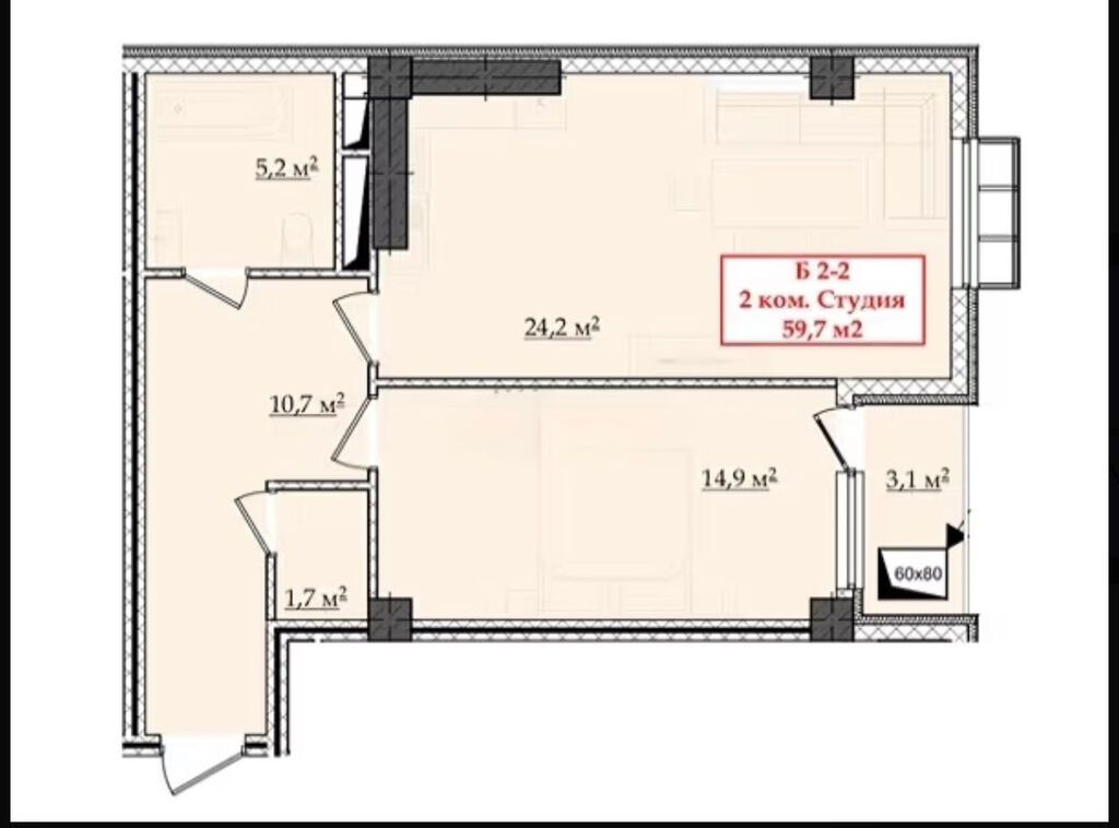 2 комнаты, 59 м², Элитка, 4 этаж, ПСО (под самоотделку)