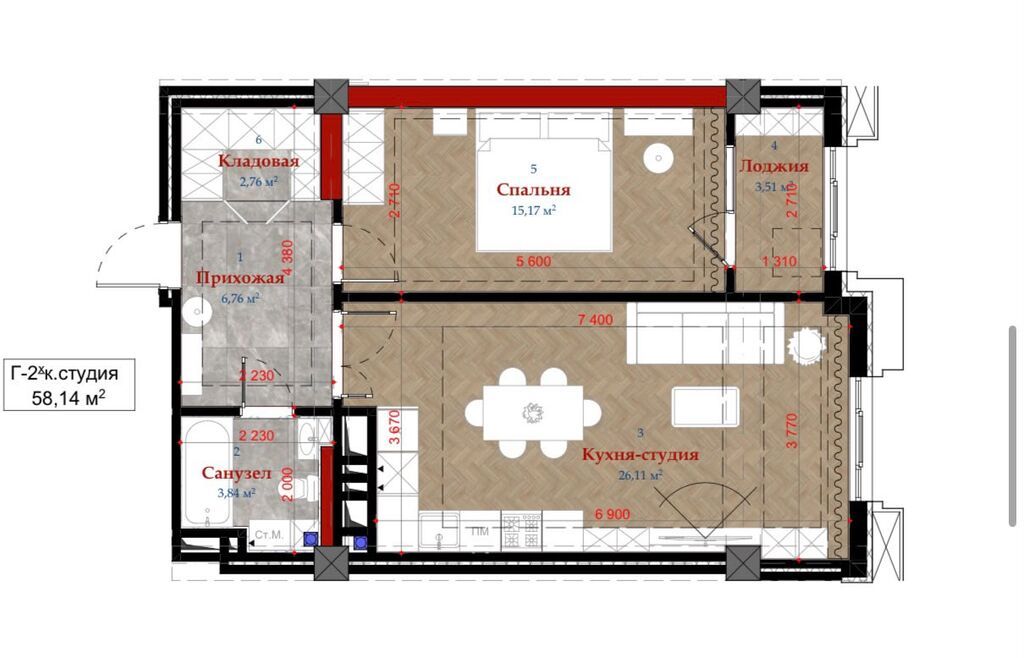 2 комнаты, 58 м², Южная Магистраль Элитка, 6 этаж, ПСО (под самоотделку): фото 4