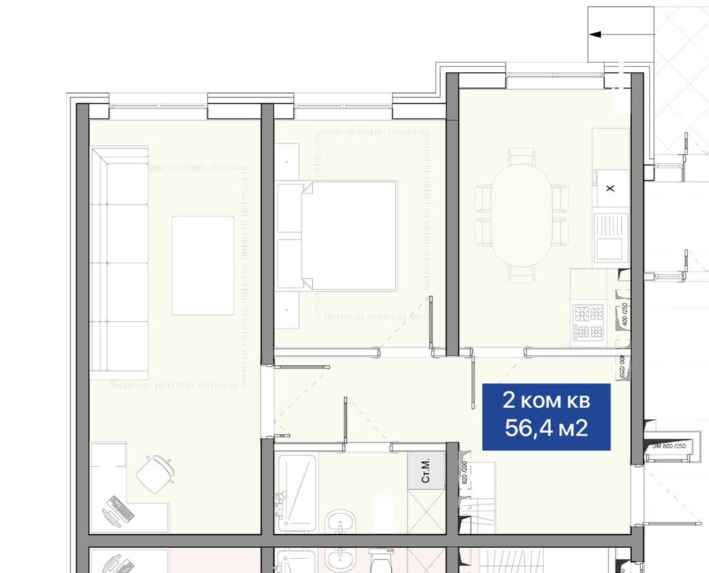 2 комнаты, 55 м², Достук с. Элитка, 5 этаж, ПСО (под самоотделку): фото 2