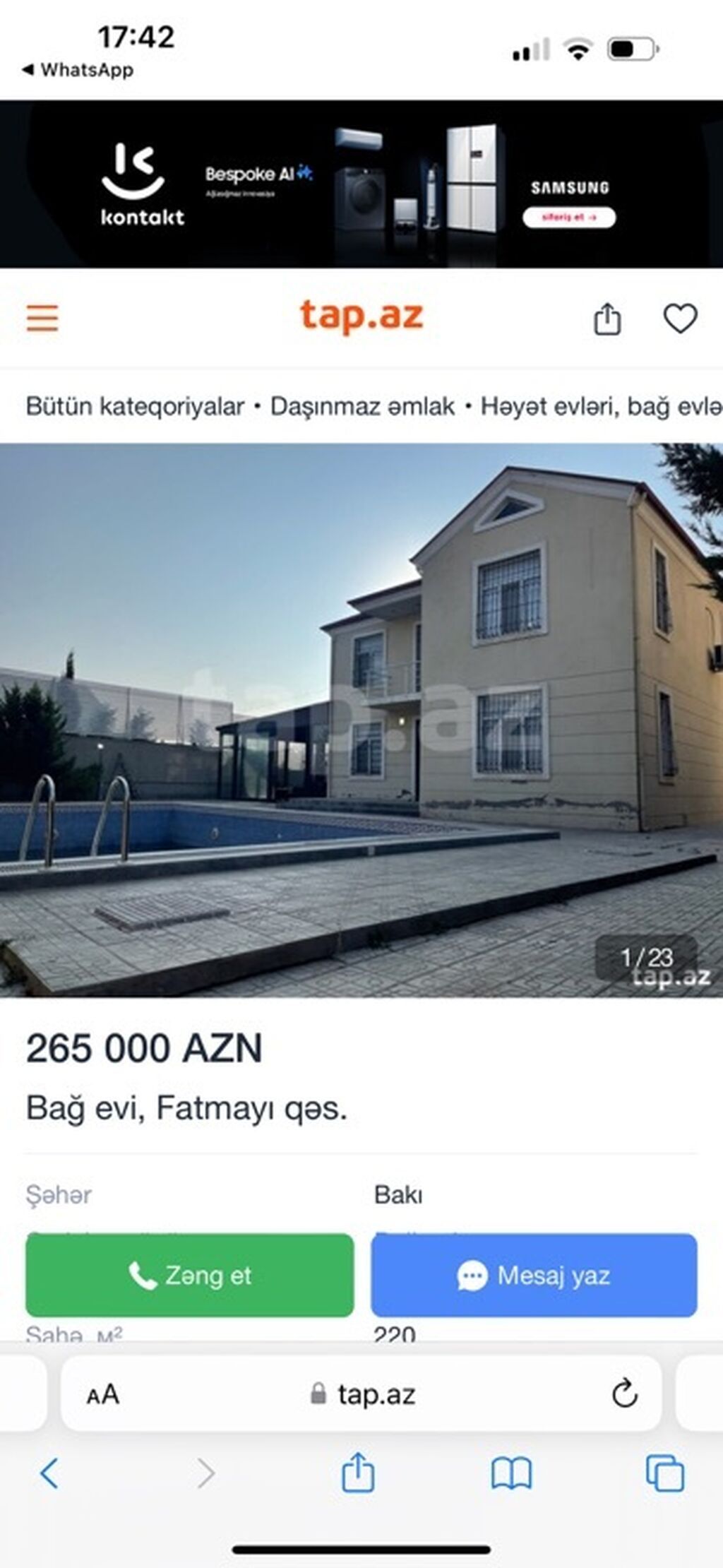 Bakı, Pirşağı qəs., 220 kv. m, 5 otaqlı, Hovuzlu, Artezian quyusu
