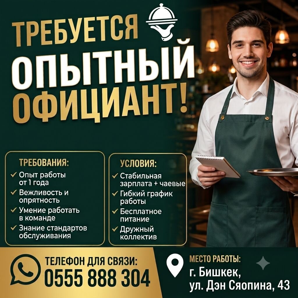 Требуется Официант 1-2 года опыта, Оплата: Ежедневно