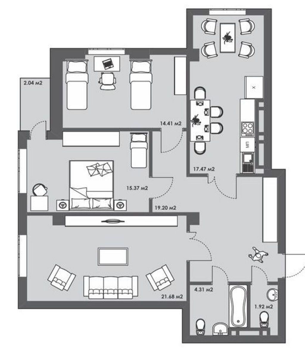 3 комнаты, 96 м², Асанбай мкр Элитка, 12 этаж, ПСО (под самоотделку): фото 2