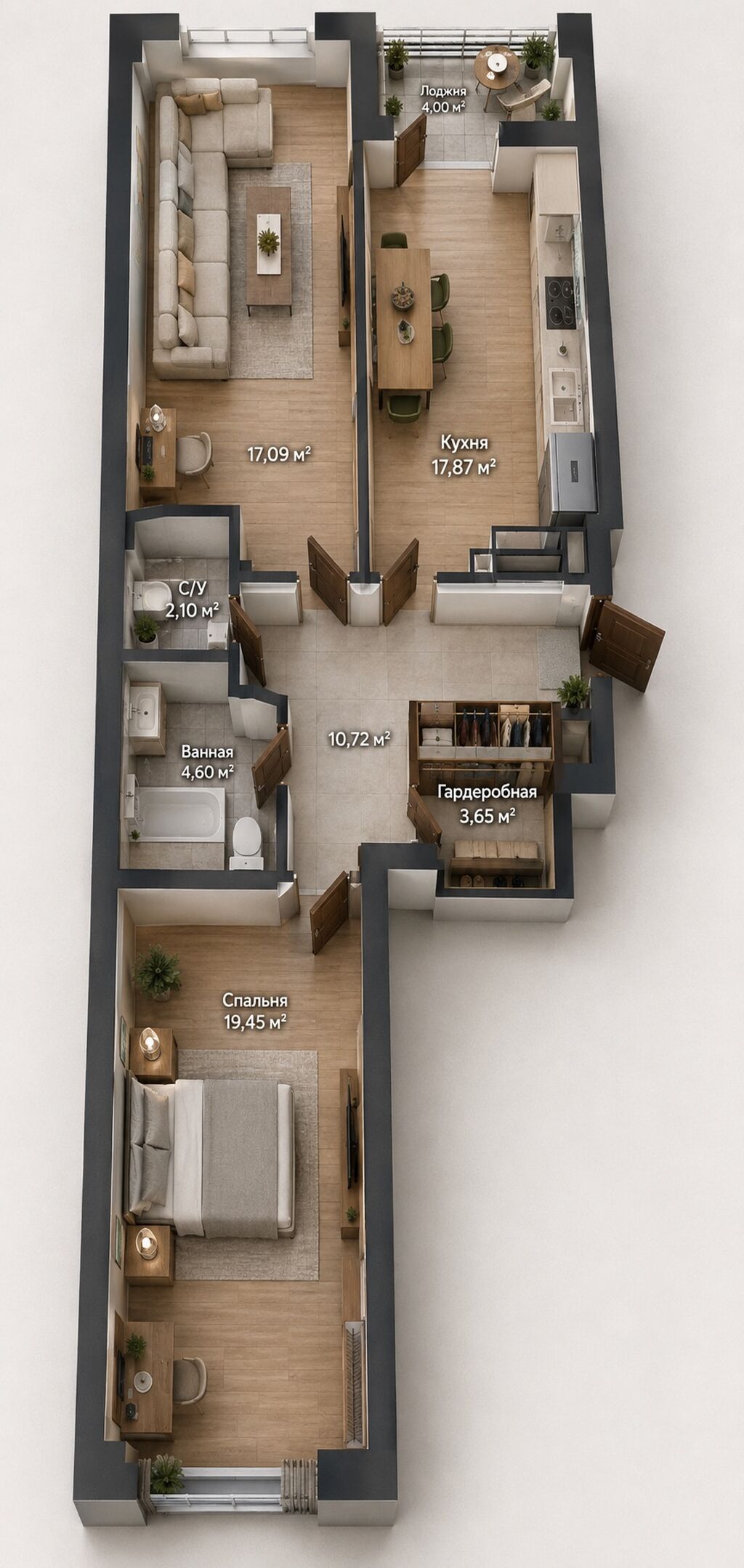 2 комнаты, 75 м², парк Фучика Элитка, 11 этаж, ПСО (под самоотделку): фото 6