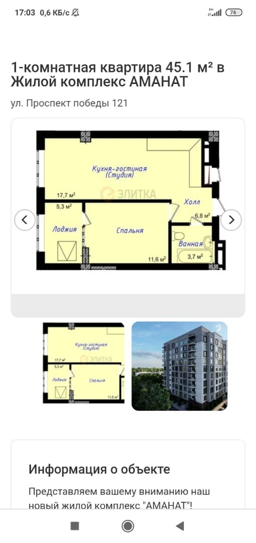 1 комната, 45 м², Аламедин-1 мкр Элитка, 4 этаж, ПСО (под самоотделку): фото 1