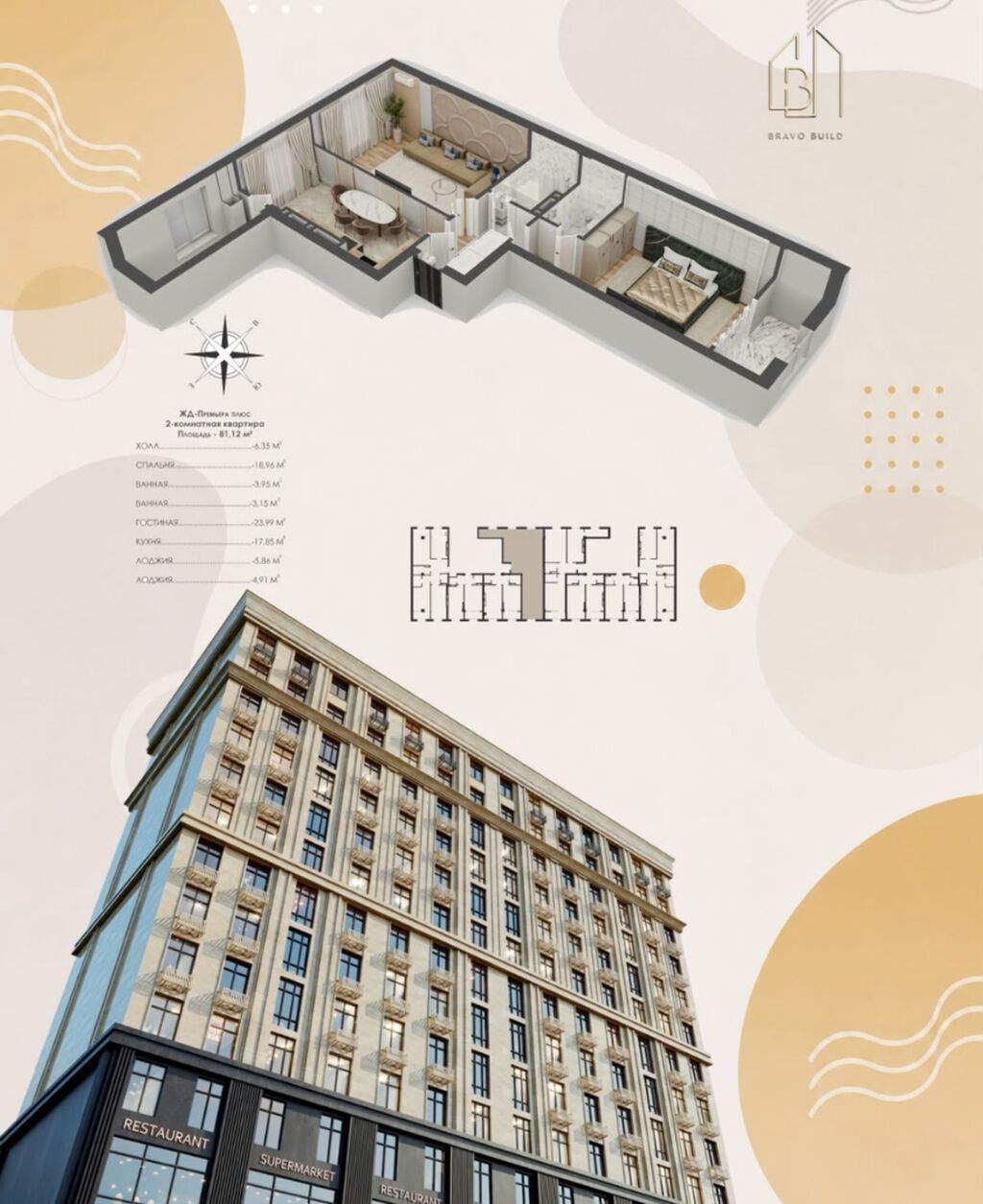 2 комнаты, 81 м², Боконбаева/Уметалиева Элитка, 6 этаж, ПСО (под самоотделку): фото 3