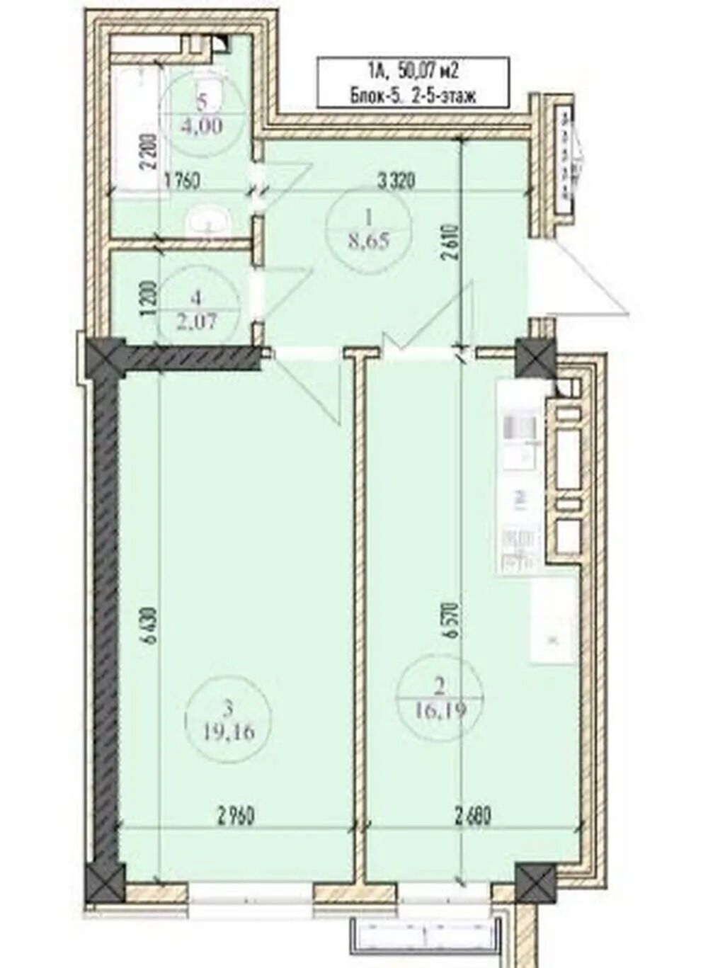 1 комната, 50 м², Асанбай мкр 13 этаж, ПСО (под самоотделку): фото 2