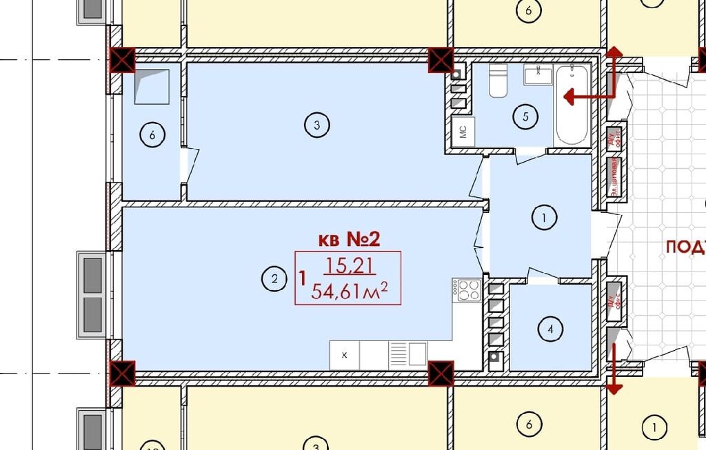 1 комната, 54 м², Киргизия 1 6 этаж, ПСО (под самоотделку): фото 6