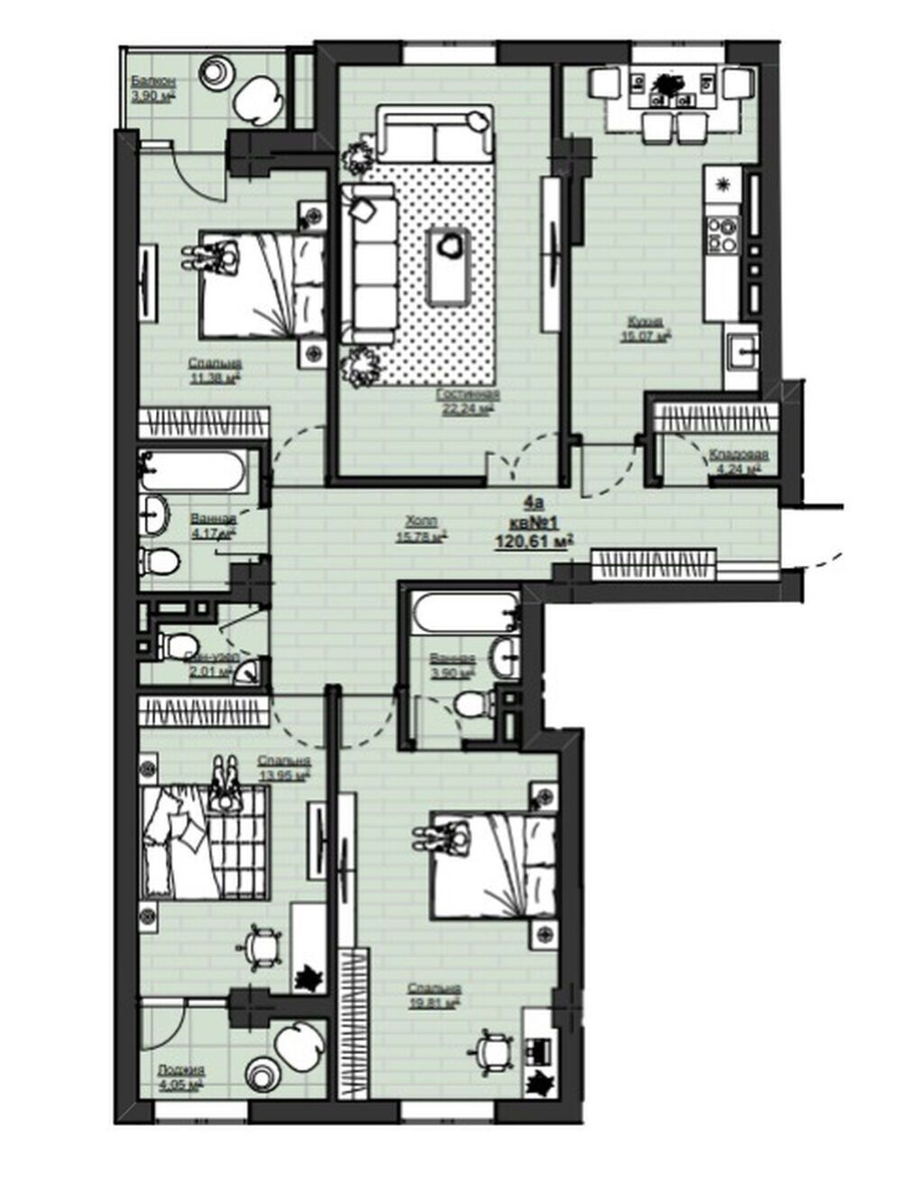 4 комнаты, 121 м², АУЦА Элитка, 2 этаж, ПСО (под самоотделку): фото 2