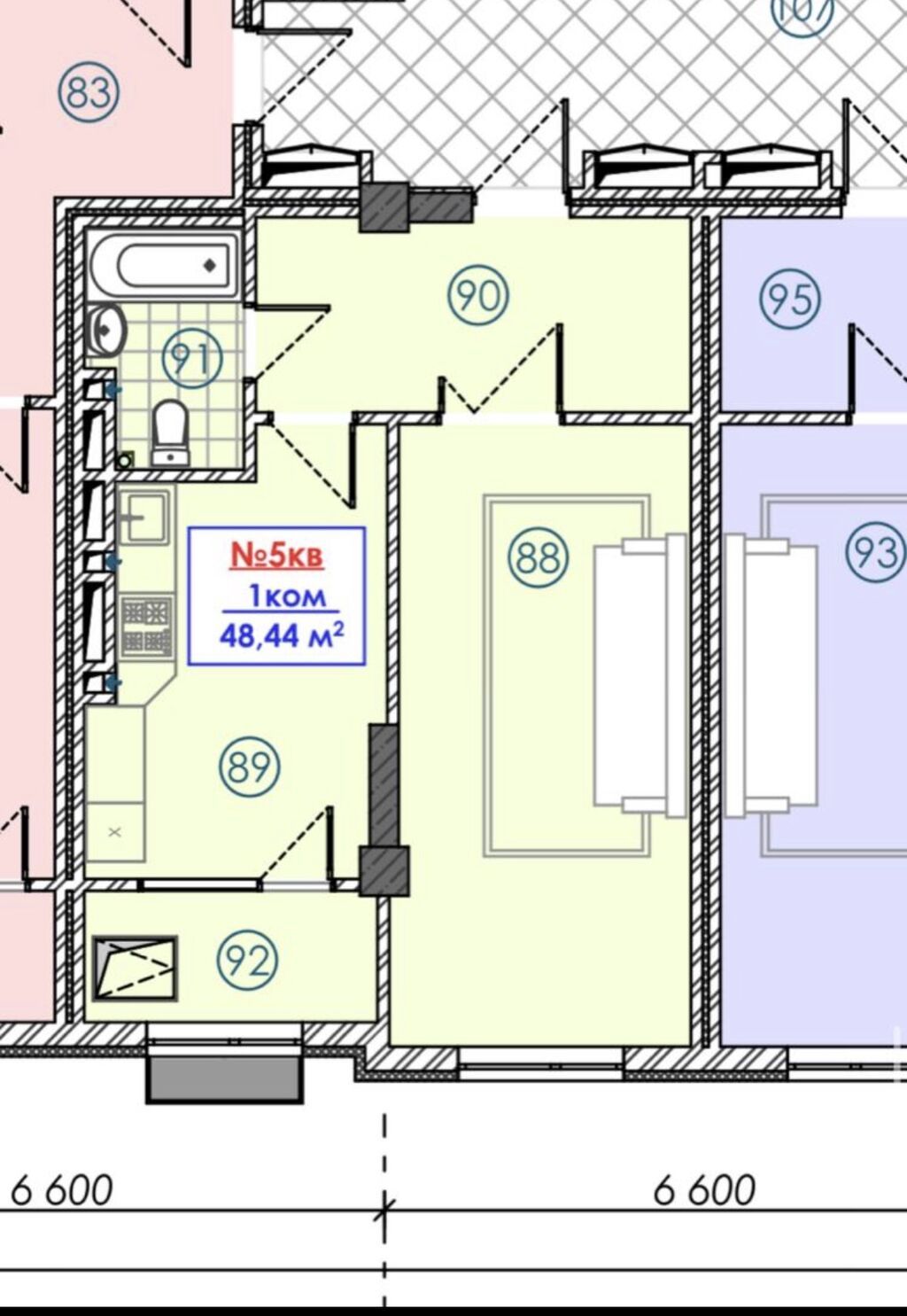1 комната, 48 м², АЮ Гранд Элитка, 6 этаж, ПСО (под самоотделку): фото 2
