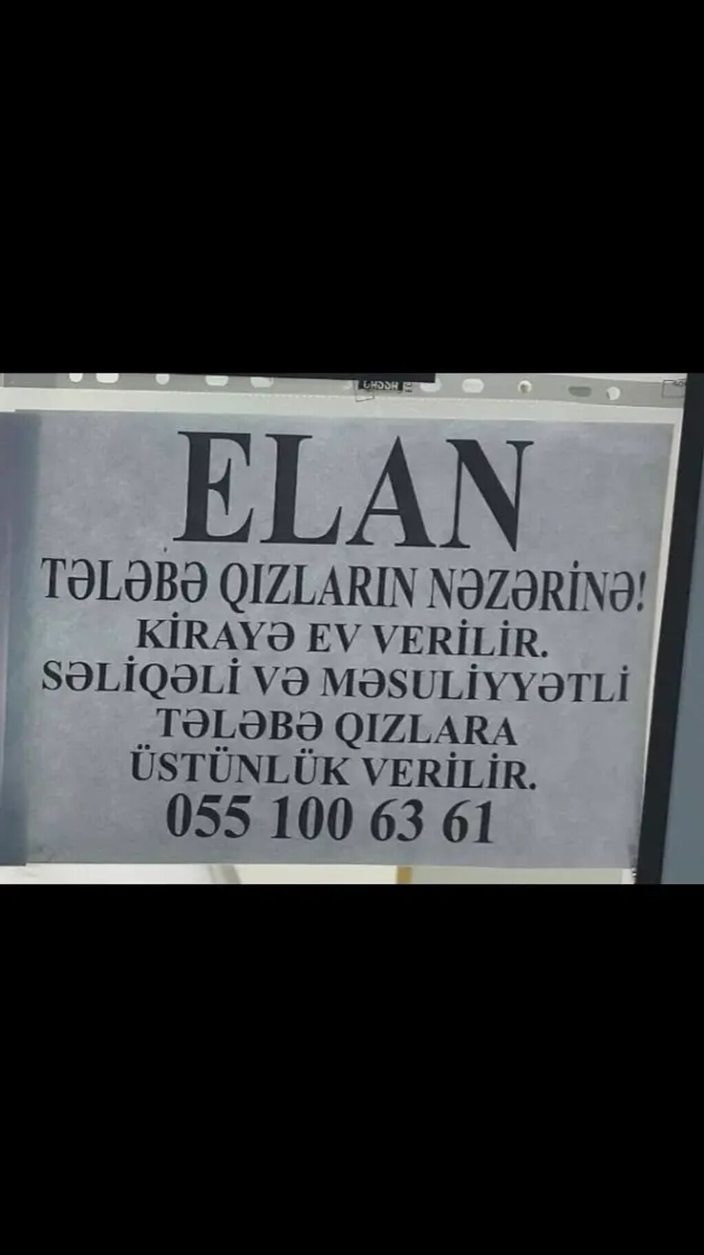 Kirayə ev təklif olunur. - Ünvan və sahə məlumatı göstərilməyib. -
