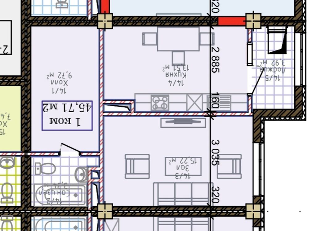1 комната, 46 м², Ошский мкр., Элитка, 11 этаж, ПСО (под самоотделку): фото 3