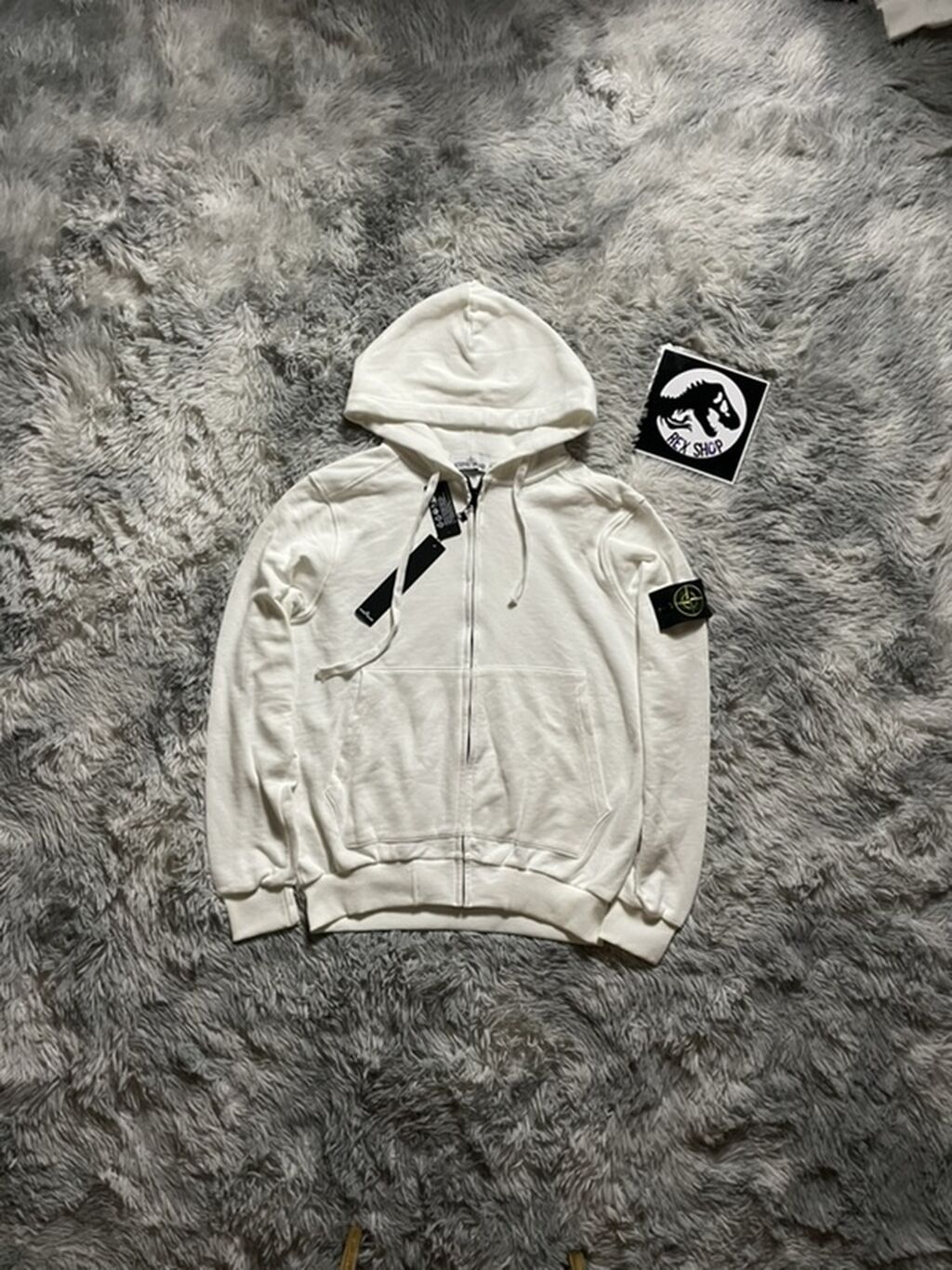 Худи на молнии Stone Island, белое - Классический крой с капюшоном на: фото 1