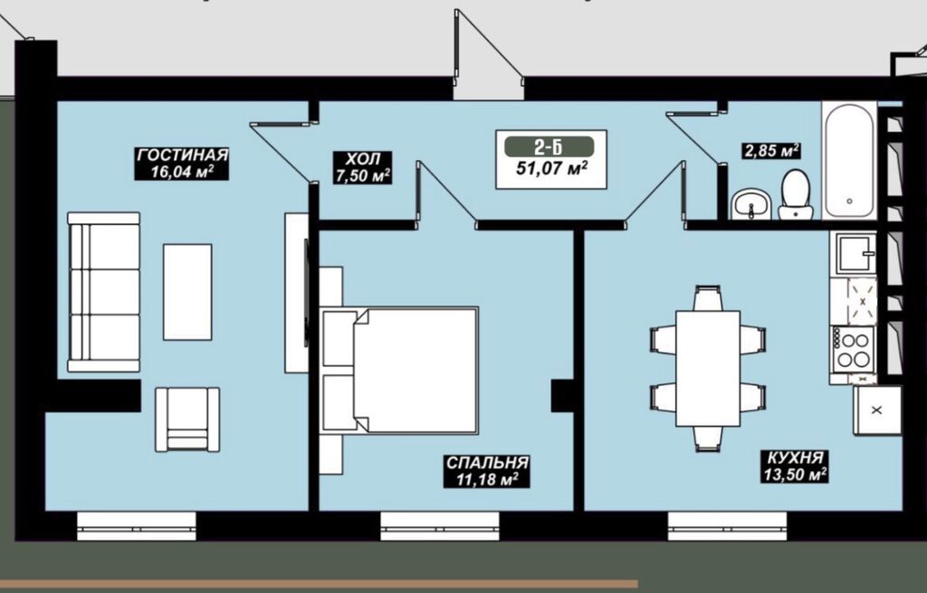 2 комнаты, 51 м², Элитка, 2 этаж, ПСО (под самоотделку): фото 3