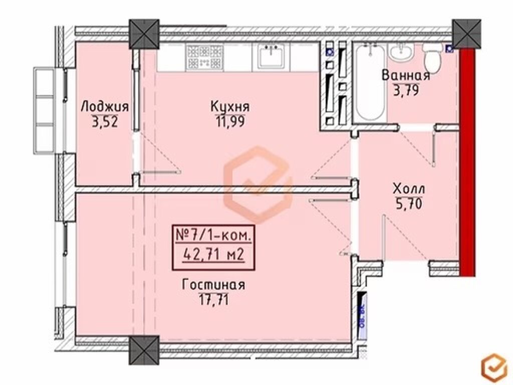1 комната, 43 м², ул. Горького / Алматинка Элитка, 8 этаж, ПСО (под самоотделку): фото 3