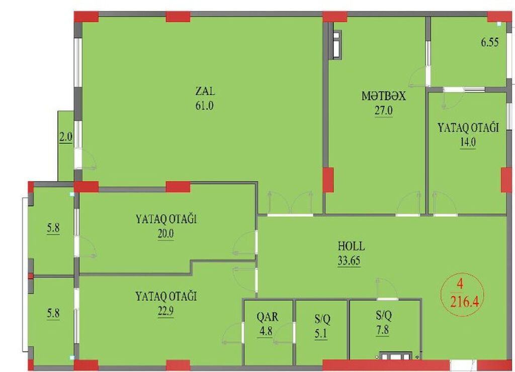 4 otaqlı, Yeni tikili, 216 kv. m