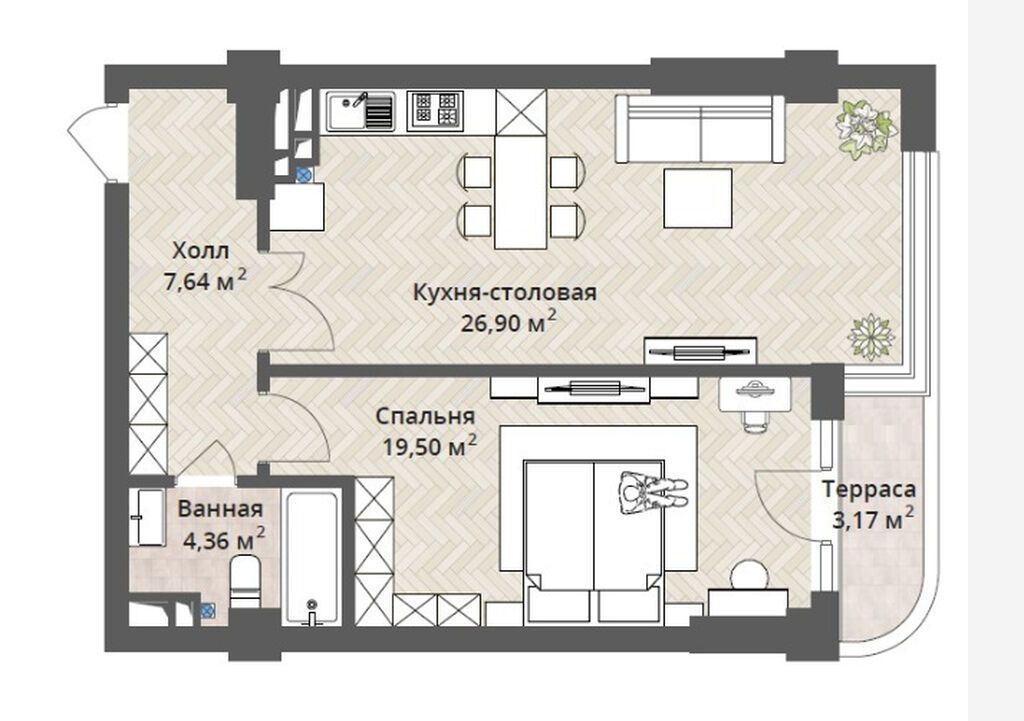 2 комнаты, 61 м², Орто-Сай с. Элитка, 9 этаж, ПСО (под самоотделку): фото 2