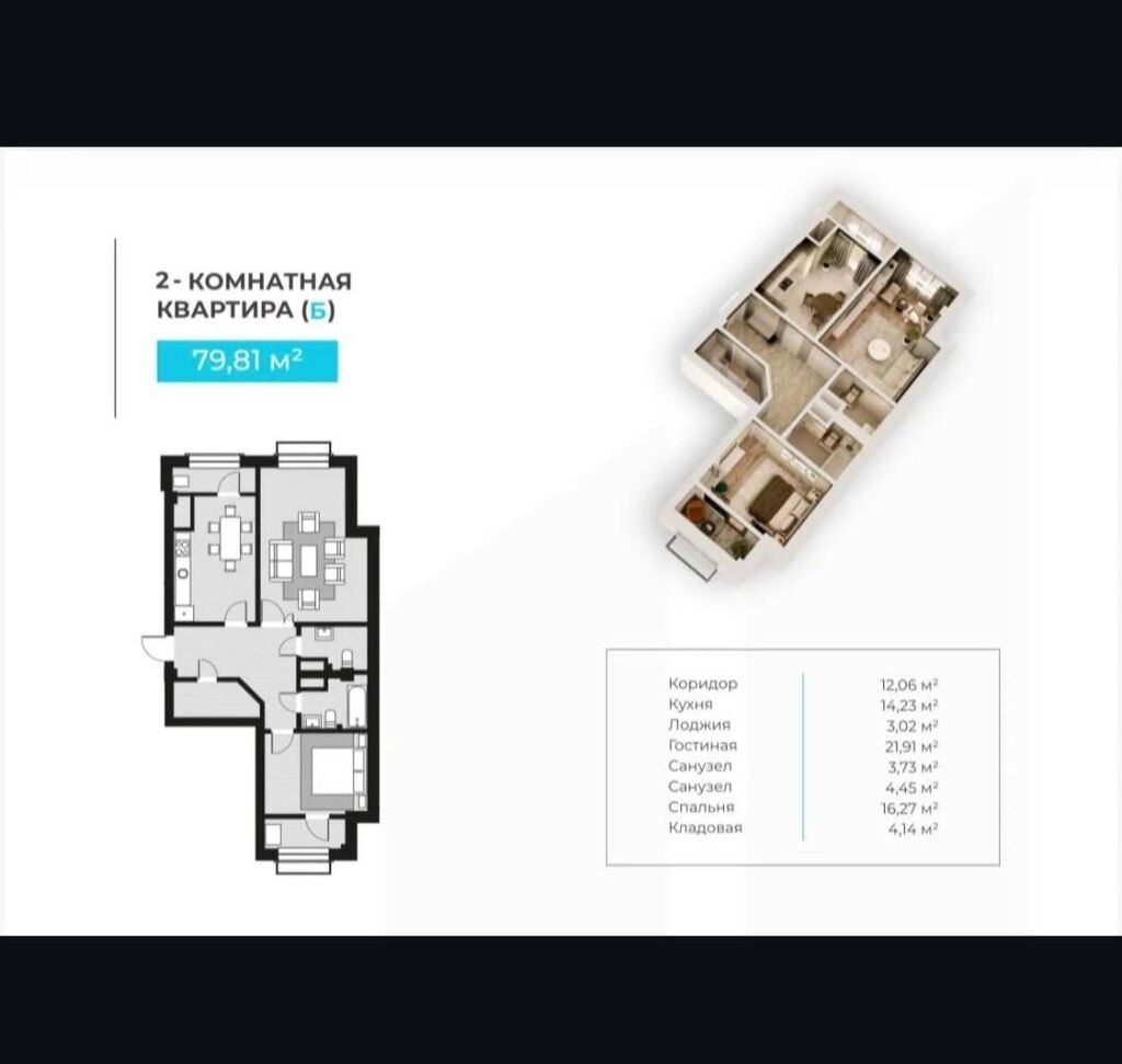 2 комнаты, 81 м², 11 мкр Элитка, 7 этаж, ПСО (под самоотделку)