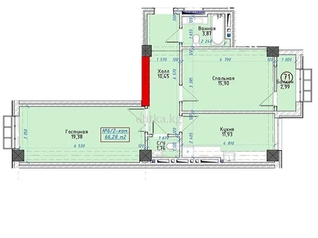 2 комнаты, 67 м², ул. Алматинка / Чуй Элитка, 9 этаж, ПСО (под самоотделку): фото 3