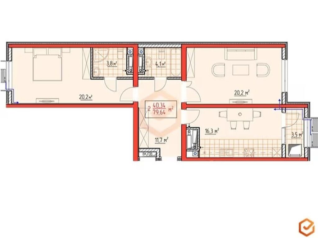 2 комнаты, 79 м², Технопарк Элитка, 16 этаж, ПСО (под самоотделку): фото 3