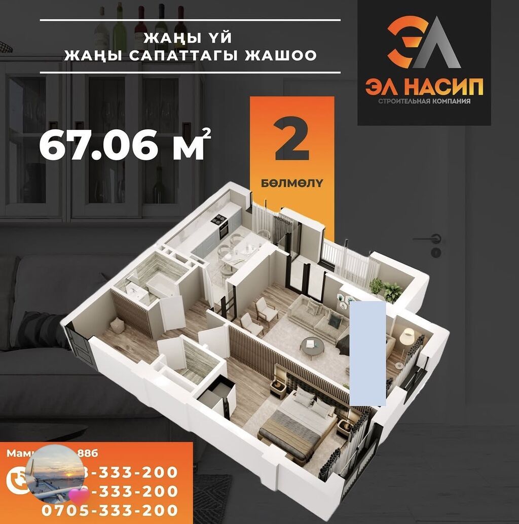 2 комнаты, 67 м², Элитка, 7 этаж, ПСО (под самоотделку): фото 3
