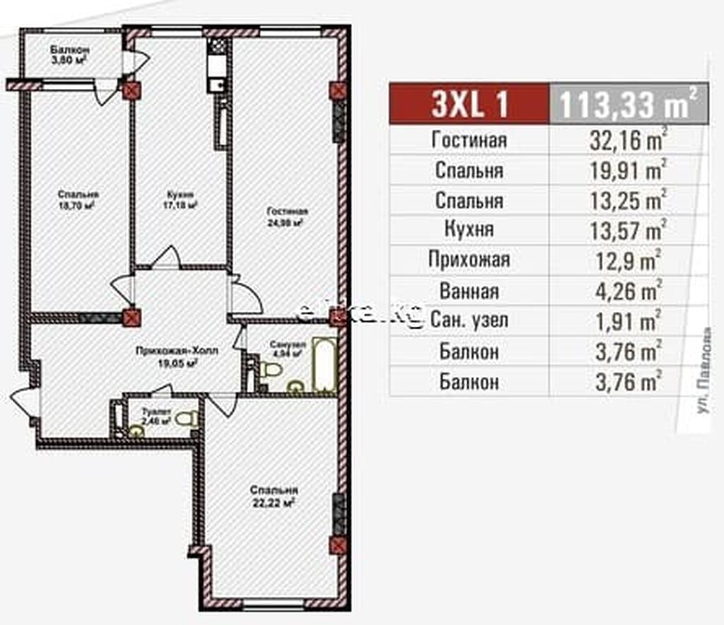 3 комнаты, 113 м², Шлагбаум Элитка, 12 этаж, ПСО (под самоотделку): фото 4