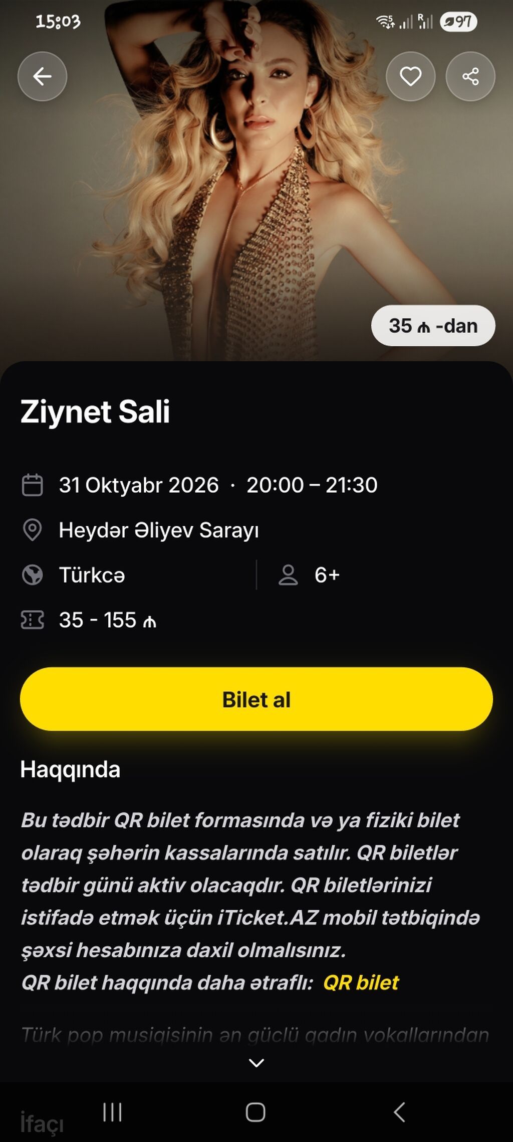 Ziynet Sali konsertinə 2 bilet – B sektor, 1-ci sıra – endirimli 31