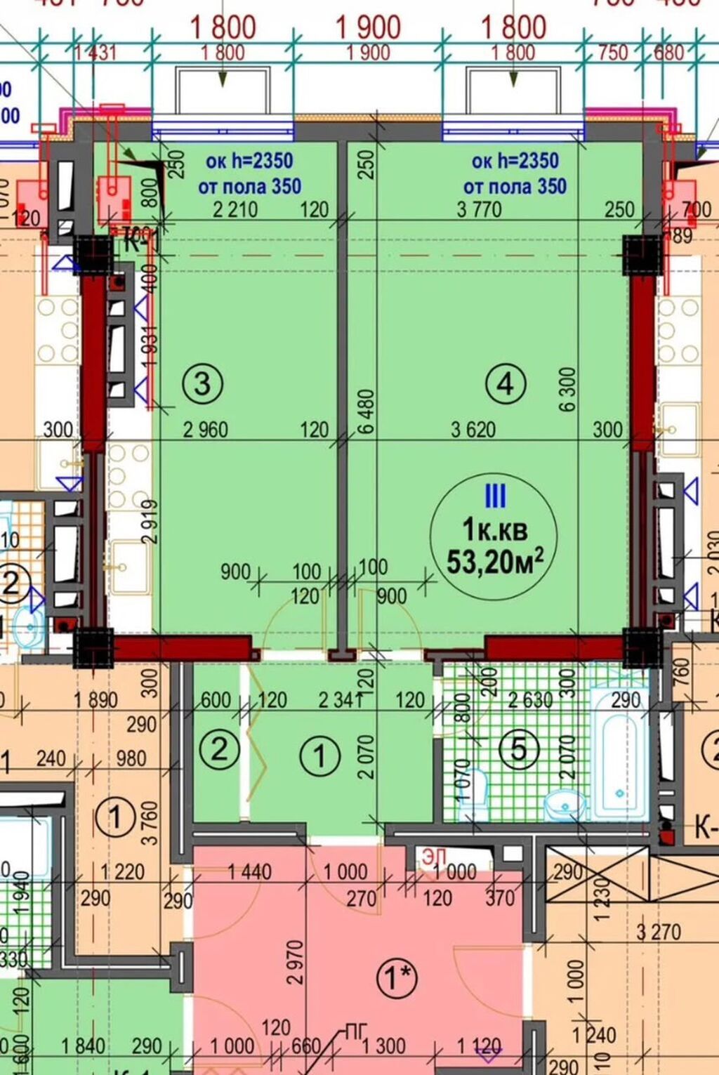 1 комната, 53 м², Асанбай мкр Элитка, 10 этаж, ПСО (под самоотделку): фото 3
