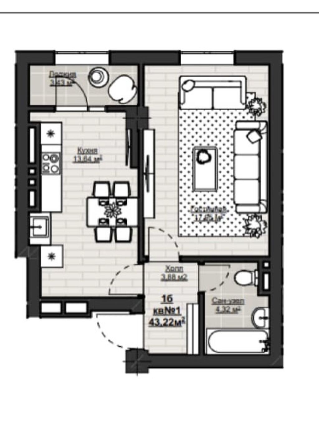 1 комната, 43 м², Асанбай мкр Элитка, 13 этаж, ПСО (под самоотделку): фото 3