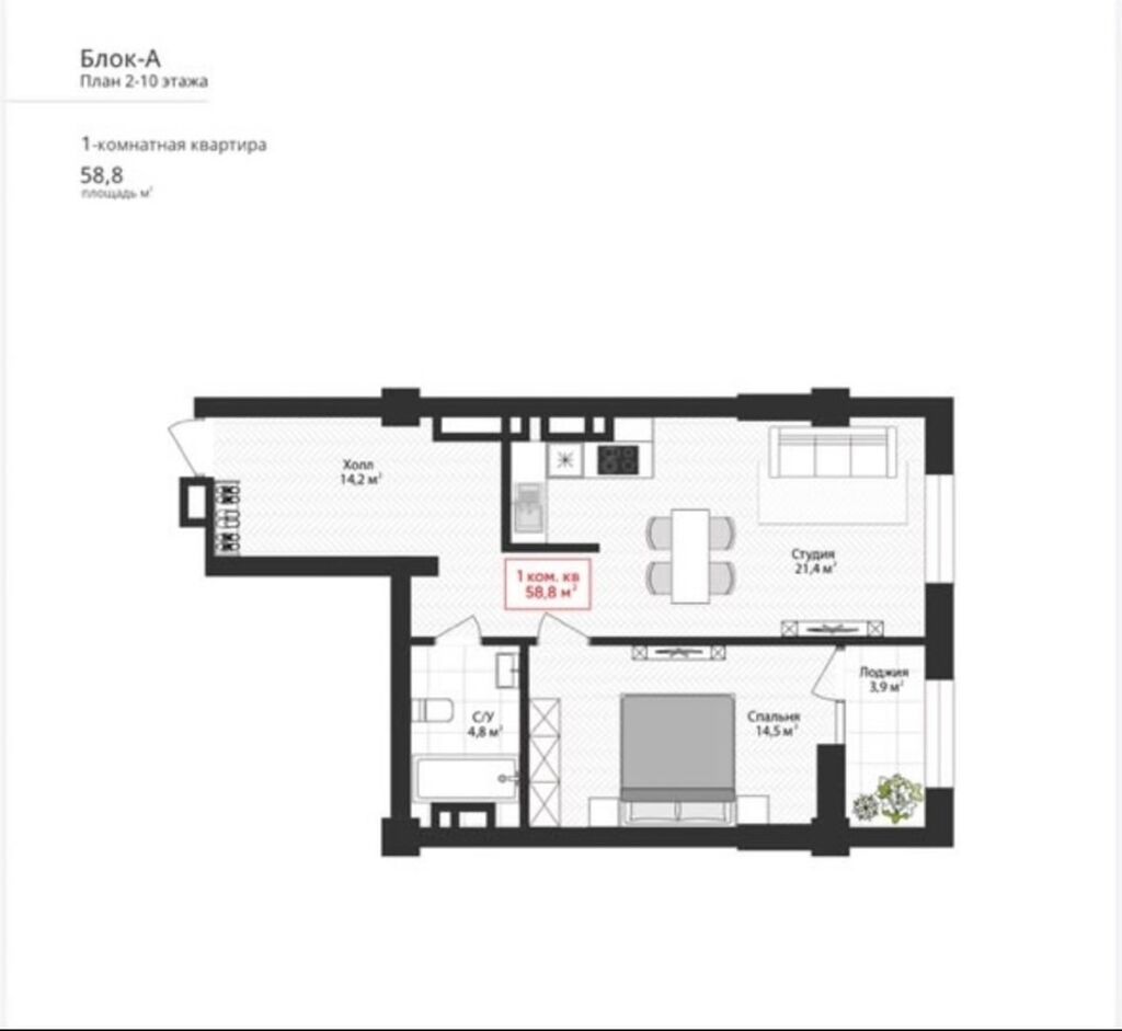 1 комната, 58 м², Ала-Арча ТРЦ 8 этаж: фото 3